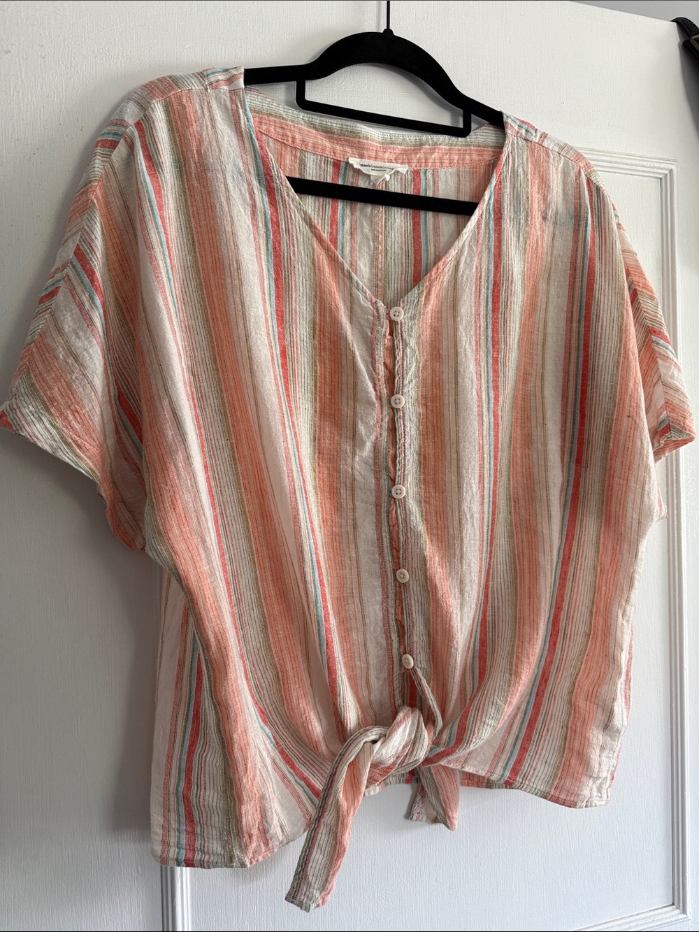 Linen beachlunchlounge Multi Striped Tie-Front Button Shirt